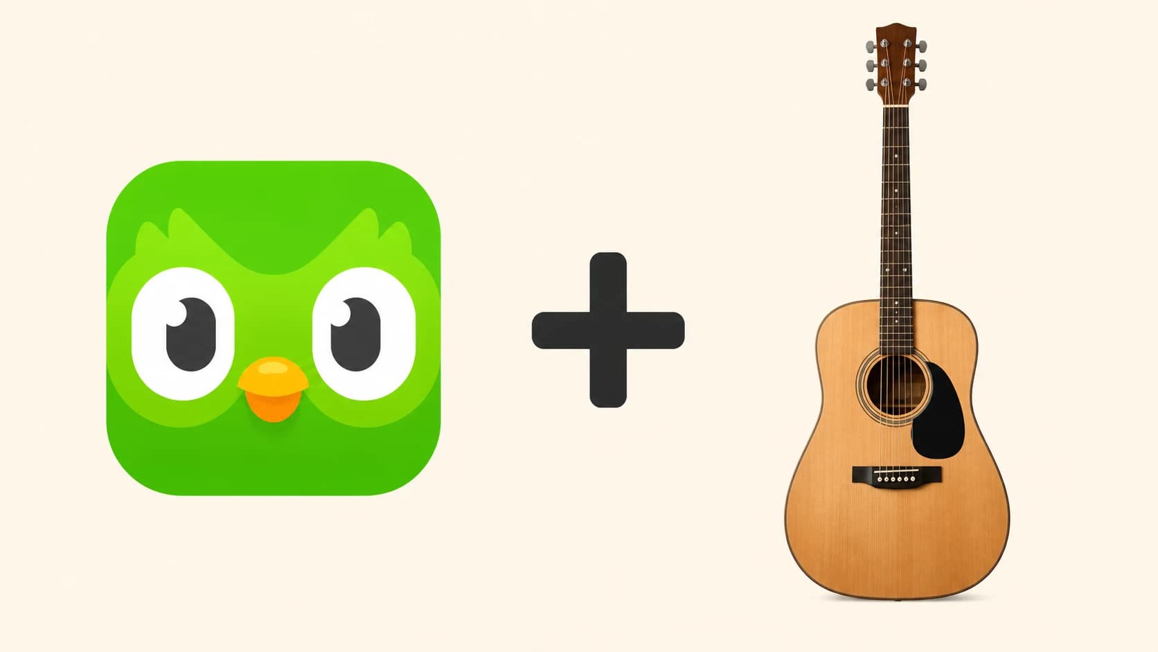 The green Duolingo owl app icon, a plus sign, and an acoustic guitar arranged as a simple visual equation.